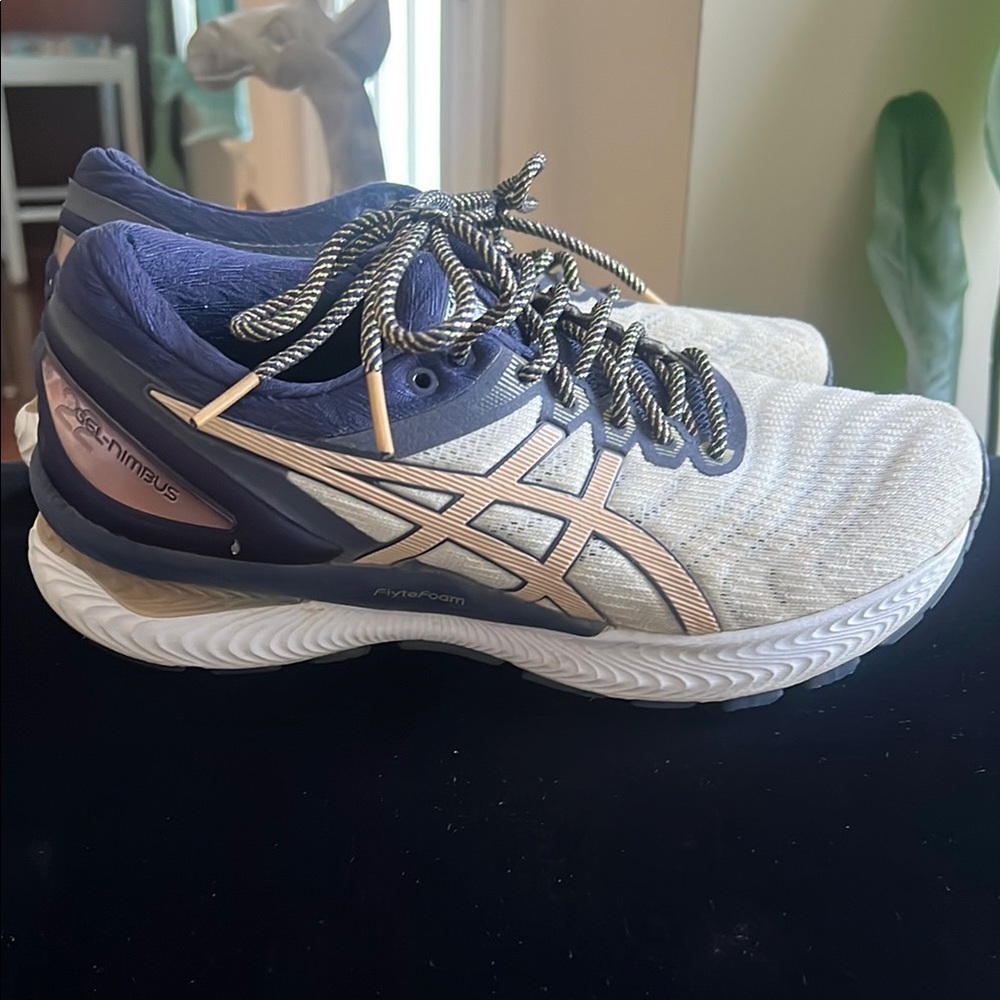 ASICS Gel-Nimbus Sneakers in White and Blue with Gold Highlights